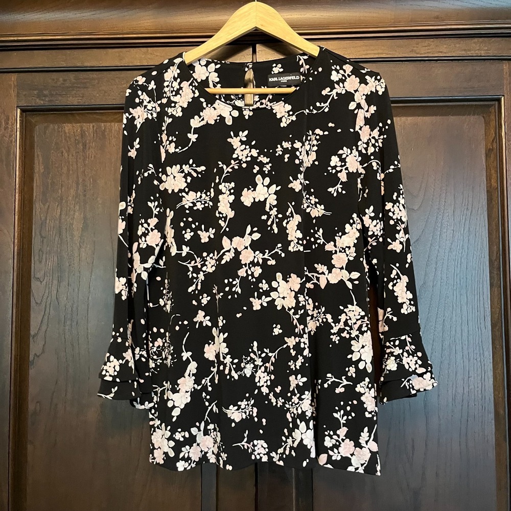Karl Lagerfeld Paris Flowy 3/4 Sleeve Blouse Floral Print Womens Size M